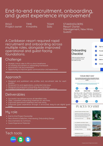 End-to-end delivery | Workforce planning | Recruitment &amp; onboarding design | Stakeholder coordination | Operational readiness | Guest experience improvement