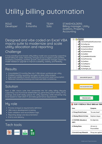 Business process automation | Requirements analysis | Data validation &amp; controls | Reporting architecture | End-to-end delivery